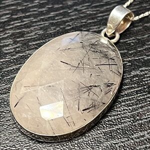 VTG Black Rutile Rutilated Quartz Oval Shaped Sterling Silver Pendant Necklace